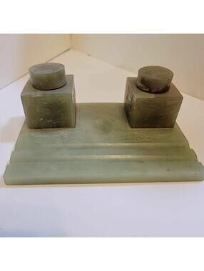 Antique Art Deco Jade Green Onyx Inkwell Desk Set Barrel Pen Rest signed